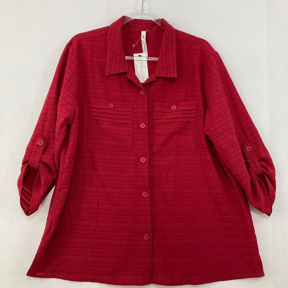 New‎ NY Collection size 1X Red Rolled Sleeve Button Down Office Career